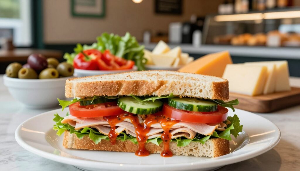 A beautifully arranged Subway sandwich on a clean, white plate, showcasing layers of fresh ingredients. The sandwich is prominently displayed in the foreground, featuring artisan bread, leafy greens, slices of tomatoes, crunchy cucumbers, and lean turkey with vibrant sauce drizzled on top. The middle ground includes an array of colorful ingredient options like olives, peppers, and various cheeses neatly presented in small bowls, adding an inviting touch. The background features a modern Subway setting, softly lit to create a warm and welcoming atmosphere. The scene is captured with a shallow depth of field, lending a professional feel while emphasizing the sandwich. The angle is slightly above eye level, allowing for a comprehensive view of the sandwich and its ingredients, evoking a sense of freshness and healthfulness.