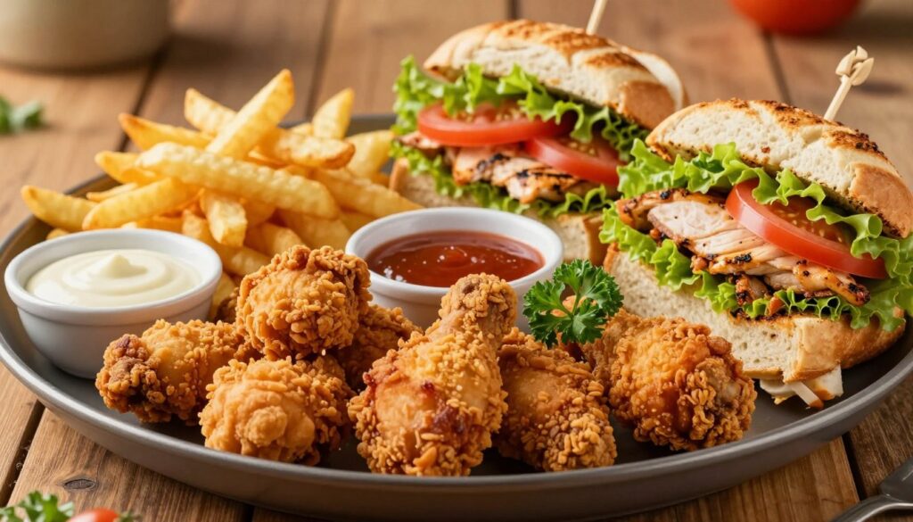A beautifully arranged platter featuring a variety of succulent chicken dishes, including crispy fried chicken, grilled chicken breasts, and flavorful chicken sandwiches. In the foreground, showcase golden-brown fried chicken pieces, garnished with fresh parsley and a side of dipping sauces. The middle ground features grilled chicken sandwiches with bright green lettuce and ripe tomatoes spilling out, alongside a side of crunchy fries. The background is a rustic wooden table bathed in warm, natural light, creating a cozy dining atmosphere. A shallow depth of field blurs the edges gently, emphasizing the chicken dishes in sharp focus. The overall mood is inviting and mouth-watering, perfect for highlighting chicken classics that appeal to every craving.