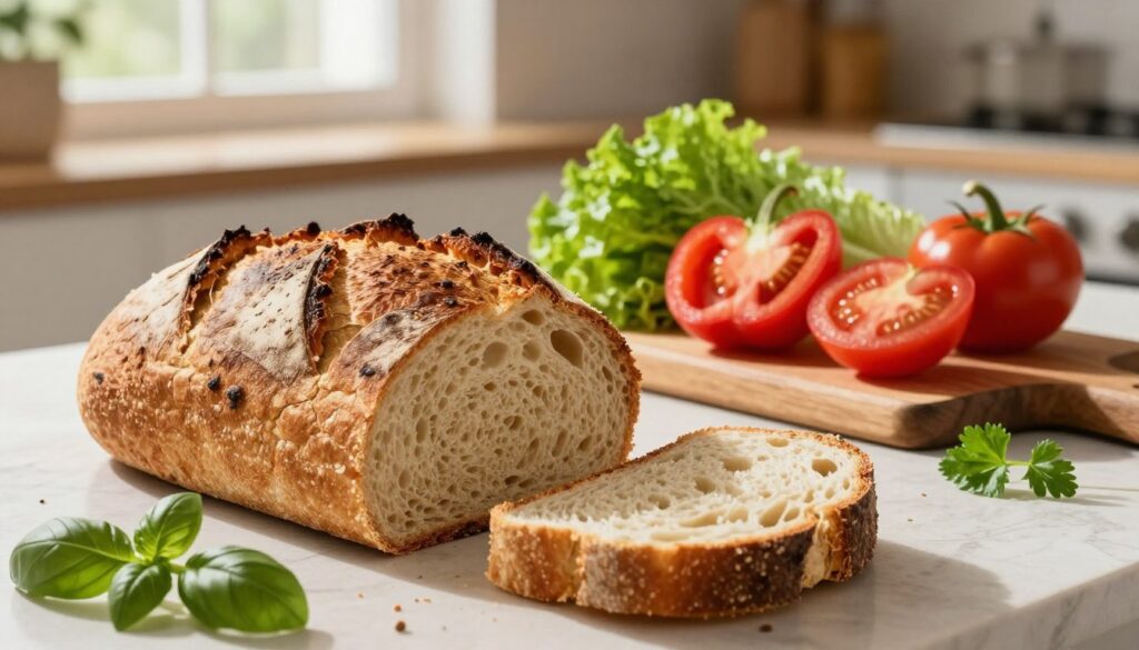 A beautifully crafted loaf of gluten-free bread, displayed prominently in the foreground, with a crusty golden-brown exterior and a soft, airy interior visible from a slice cut diagonally. In the middle ground, a rustic wooden cutting board is adorned with colorful, fresh vegetables like vibrant red bell peppers, crisp lettuce, and ripe tomatoes, perfect for sandwich toppings. The background features a cozy kitchen setting, with warm, natural lighting filtering through a window, casting soft shadows. A few sprigs of herbs like basil and parsley are scattered artistically around the composition, enhancing the wholesome atmosphere. The scene evokes a sense of healthy, delicious eating, inviting viewers to explore gluten-free options.