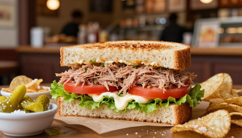 A beautifully crafted tuna sandwich takes center stage, showcasing vibrant layers of fresh ingredients. The bread is perfectly toasted, with a golden-brown crust and a soft, fluffy interior. Flakes of tender, light pink tuna are nestled between crisp green lettuce, juicy tomatoes, and creamy mayonnaise, exuding a sense of indulgence and comfort. Surrounding the sandwich are small side dishes of crunchy pickle spears and lightly salted potato chips. The background features a cozy deli setting with wooden accents, warm lighting, and a hint of bustling activity. The focus is sharp on the sandwich, with a gentle bokeh effect rendering the background slightly blurred. The atmosphere is inviting and nostalgic, evoking a sense of comfort and familiarity that resonates with classic culinary favorites.