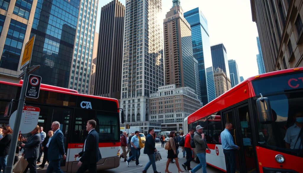A bustling Chicago city street scene with a CTA bus prominently positioned in the foreground, showcasing its bright red and white colors. The bus is partially stopped at a designated bus stop with city dwellers waiting nearby. In the middle ground, various pedestrians of diverse backgrounds, dressed in business attire and casual clothing, are boarding the bus, illustrating its role in daily commutes. Towering skyscrapers and iconic Chicago architecture fill the background, under a clear blue sky with soft, natural lighting. The image captures the vibrant atmosphere of city life, displaying both the movement of people and the steady presence of public transit. The angle is slightly elevated, offering a dynamic view of the scene without any text or overlays.