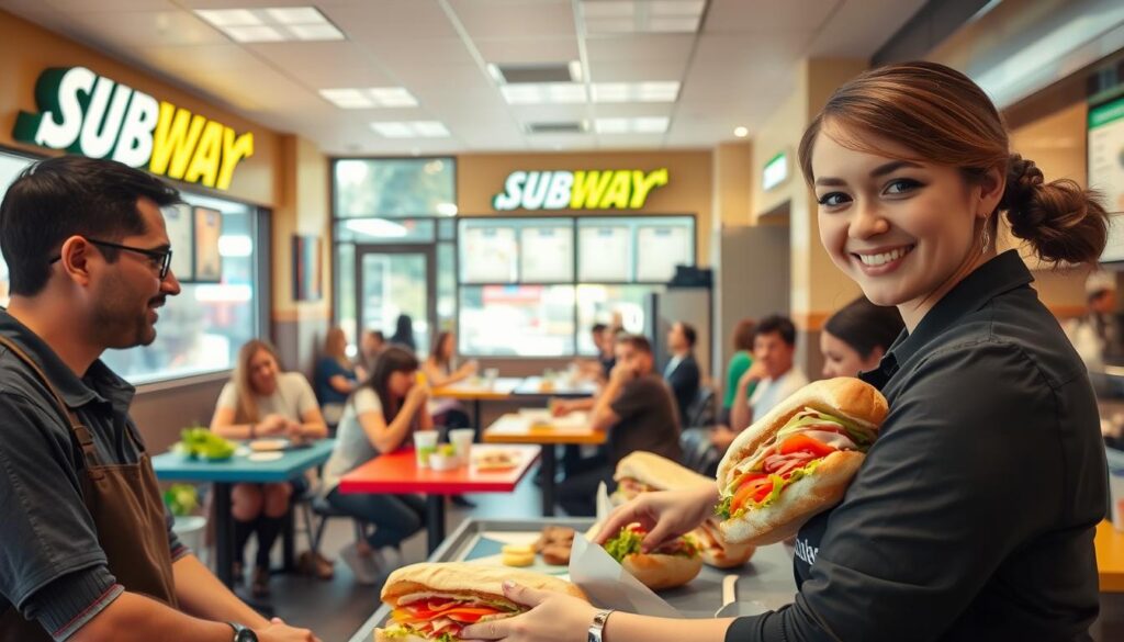 A bustling Subway restaurant during lunch hours, filled with patrons enjoying a variety of fresh sandwiches. In the foreground, a cheerful employee in a professional Subway uniform prepares a delicious sub, showcasing vibrant ingredients like crisp lettuce, juicy tomatoes, and layers of deli meats. In the middle, customers sit at colorful tables, engaging in lively conversations while savoring their meals. The background features a bright and inviting atmosphere, with large windows letting in natural light, highlighting the Subway logo and menu boards. The scene is warm and inviting, conveying a sense of community and the enjoyment of a quick, satisfying lunch. The angle should be slightly elevated, providing a clear view of the dynamic environment while maintaining focus on the food and patrons.