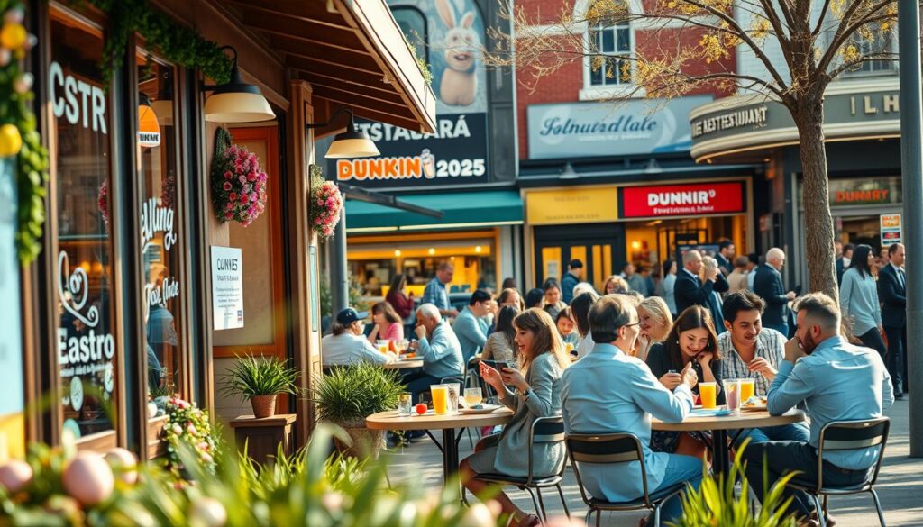A bustling restaurant scene during Easter 2025, showcasing a variety of dining establishments. In the foreground, a cozy bistro with bright, welcoming window displays, featuring flower arrangements and festive decorations. In the middle ground, families and friends are enjoying meals at outdoor tables, some wearing smart casual attire, laughing and celebrating. Nearby, a fast-food establishment, like Dunkin, is visible with a line of customers eager to order. The background features various types of restaurants, from a fine dining establishment with elegant ambiance to a casual diner, all subtly lit by warm, inviting lighting. Soft sunlight bathes the scene, creating a cheerful and lively atmosphere, with a shallow depth of field focusing on the diners and outdoor decor, emphasizing the festive spirit of Easter dining.