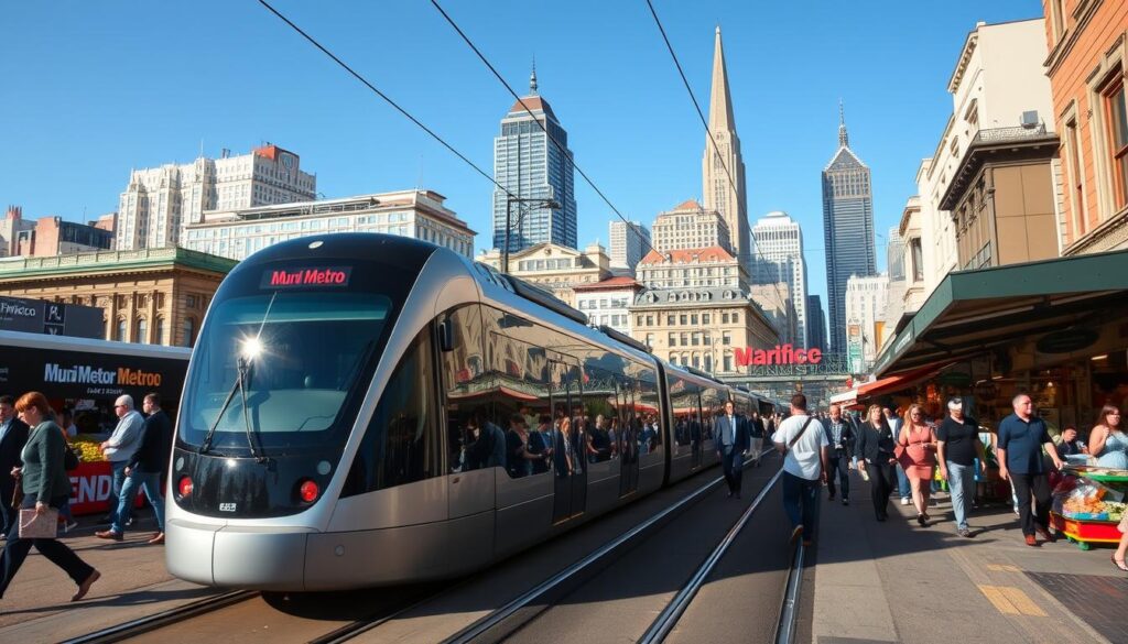A bustling scene of Muni Metro Market Street in San Francisco, showcasing the city's unique subway and light rail system. In the foreground, a sleek, modern Muni Metro train glides along the tracks, surrounded by pedestrians in professional business attire, reflecting San Francisco's urban vibrancy. The middle ground features lively market stalls brimming with fresh produce and local crafts, with a mix of tourists and locals interacting. The background reveals iconic San Francisco architecture, including Victorian buildings and modern skyscrapers against a clear blue sky. The scene is illuminated by warm afternoon sunlight, casting soft shadows and enhancing the city's lively atmosphere. Capture the image from a low angle to emphasize the train's motion and connect to the bustling street life.