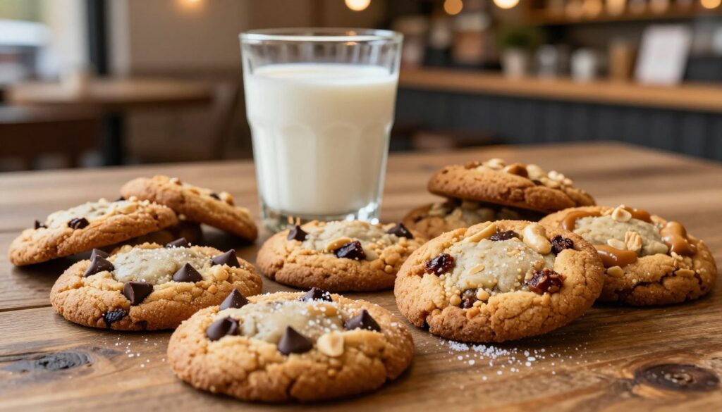 A close-up image of an assortment of freshly baked cookies arranged on a rustic wooden table. The foreground features a variety of cookies, including chocolate chip, oatmeal raisin, and peanut butter, each glistening with a light dusting of sugar. In the middle, a glass of milk is artistically placed beside the cookies, creating a warm, inviting atmosphere. The background shows a soft-focus view of a cozy café setting, with warm ambient lighting gently illuminating the scene, enhancing the golden-brown tones of the cookies. The camera angle is slightly tilted, giving a casual yet aesthetically pleasing perspective, evoking a feeling of comfort and indulgence. The overall mood is warm and inviting, perfect for showcasing the delightful nature of cookies as a side treat.
