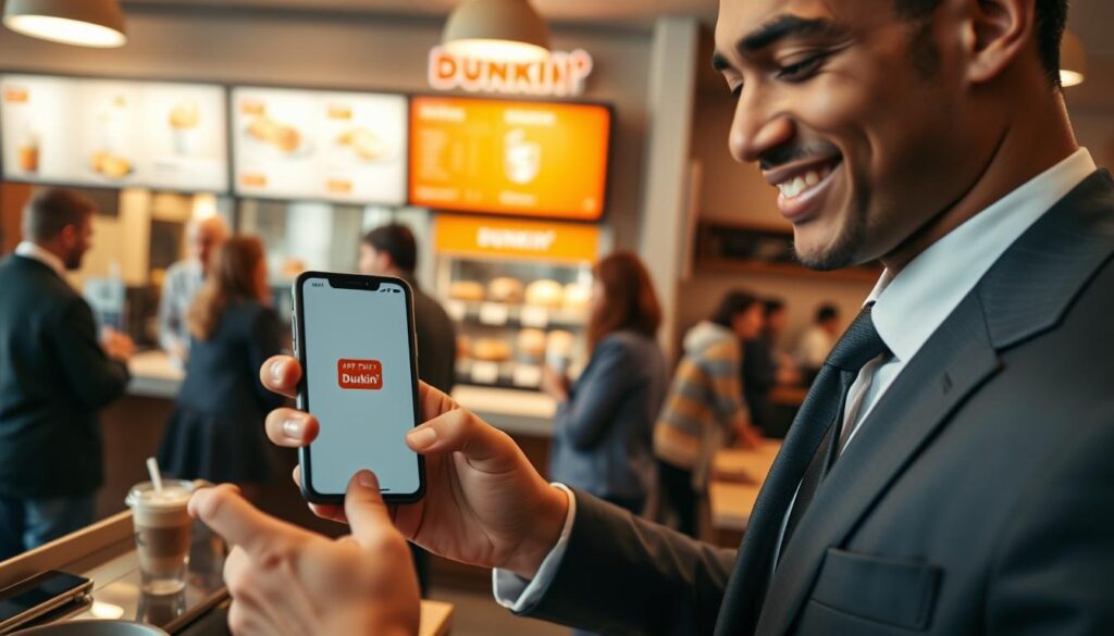 A close-up scene depicting a customer using Apple Pay at a Dunkin' location. In the foreground, focus on a well-dressed individual holding a smartphone displaying the Apple Pay interface with the Dunkin' logo visible. Their face shows a look of satisfaction and ease while using the payment method. In the middle ground, a Dunkin' kiosk is clearly visible with a vibrant menu board showcasing various drinks and pastries. In the background, soft lighting enhances the cozy and welcoming atmosphere of the Dunkin' store, with customers chatting and enjoying their orders. The image should have a crisp, bright quality, resembling a well-composed business photography shot, emphasizing convenience and modern payment technology in a casual setting.