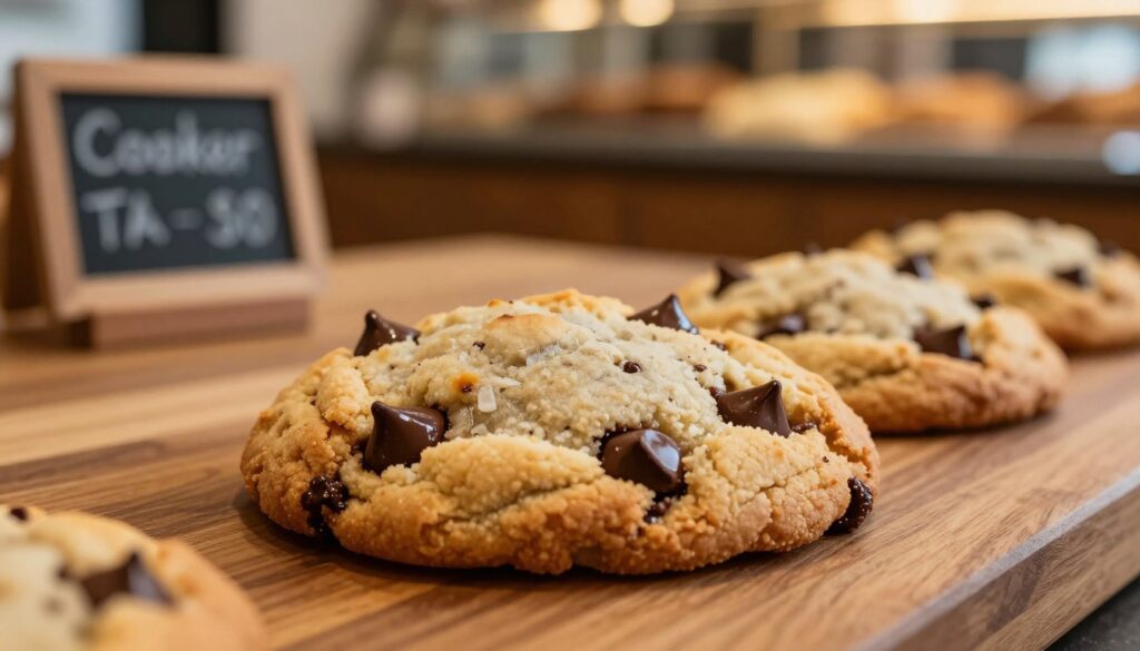A close-up shot of a beautifully arranged footlong cookie, placed on a wooden table. The cookie is fresh out of the oven, showcasing its warm, gooey chocolate chips and a perfectly baked golden-brown crust. Surrounding the cookie are subtle props, like a small chalkboard sign displaying the price in a chic diner style. In the background, softly blurred, you can see a cozy bakery environment with warm lighting that creates an inviting atmosphere. The focus is on the cookie, highlighting its mouthwatering texture and deliciousness. Use a shallow depth of field to draw attention to the cookie while maintaining a warm, welcoming vibe in the background, as if enticing customers to come and enjoy a treat.