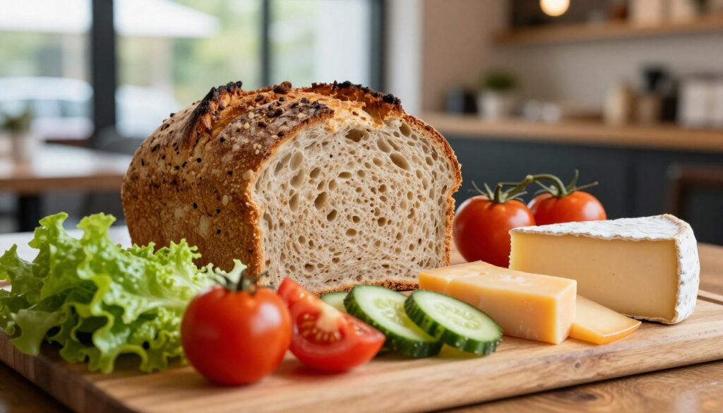 A close-up shot of a freshly baked multigrain bread loaf, showcasing its hearty texture and golden-brown crust, perfectly sliced to reveal a soft, moist interior. In the foreground, a wooden cutting board is adorned with a selection of colorful fresh vegetables—crisp lettuce, vibrant tomatoes, and crunchy cucumbers beside artisanal cheeses, such as creamy gouda and sharp cheddar. In the background, a subtle blur captures a cozy café setting with natural light filtering through large windows, adding warmth to the scene. The atmosphere is inviting and wholesome, emphasizing the possibility of customization with various ingredient pairings. The image should be vibrant and appetizing, conveying a sense of freshness and health.