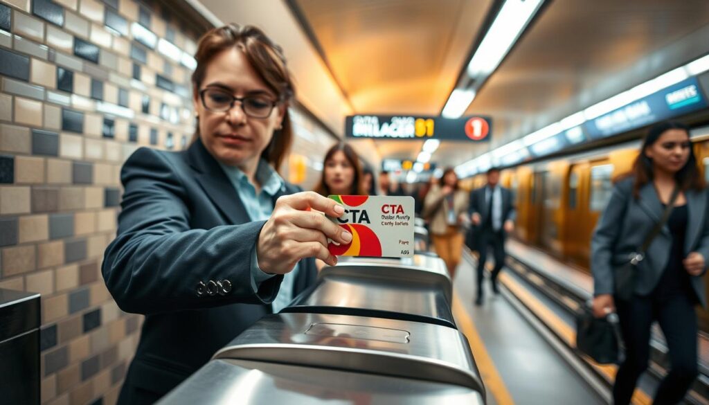 A close-up view of a Chicago Transit Authority (CTA) fare card being swiped at a turnstile, with a blurred background showing a bustling subway station. In the foreground, emphasize the metallic turnstile and the colorful fare card held by a person in professional business attire, showcasing a focused expression. The mid-ground captures the movement of commuters, with diverse individuals including professionals and families, dressed in smart casual clothing. The background features iconic elements like tiled walls, signage, and a hint of train tracks, bathed in warm, ambient lighting. The overall mood conveys a sense of connectivity and movement, highlighting the efficiency of the transit system.