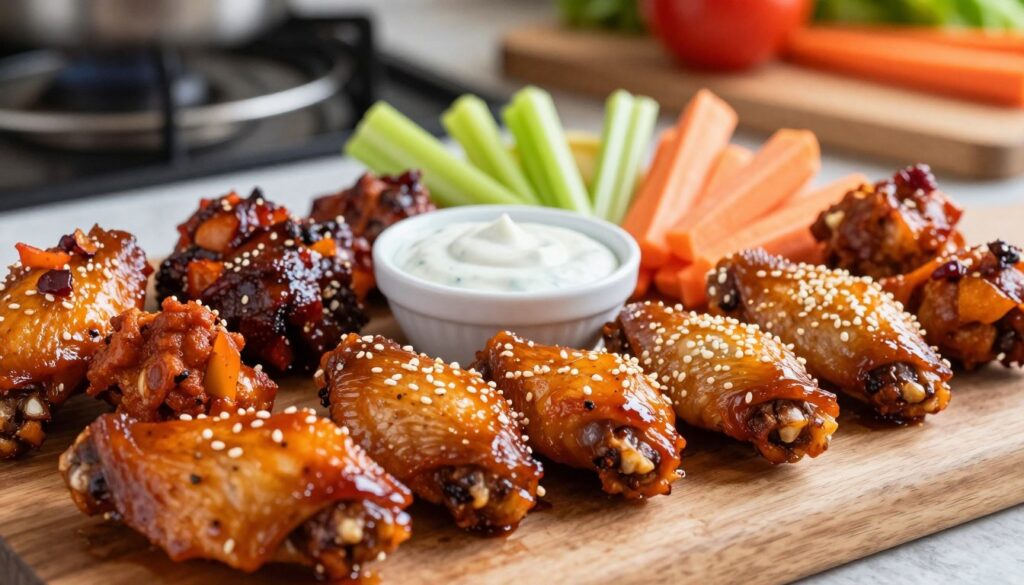 A close-up view of a beautifully arranged platter of colorful chicken wings, showcasing a variety of flavors like buffalo, barbecue, and garlic parmesan. The foreground features glistening, saucy wings with sesame seeds sprinkled on top, positioned artfully on a wooden serving board. In the middle, a small bowl of ranch dipping sauce sits invitingly, along with fresh celery and carrot sticks. The background includes soft-focus kitchen elements, like a blurred out grill and vibrant ingredients, enhancing the home-cooked atmosphere. The lighting is warm and inviting, highlighting the textures and colors of the food, ideally captured with a shallow depth of field. The overall mood is appetizing and casual, perfect for food enthusiasts.
