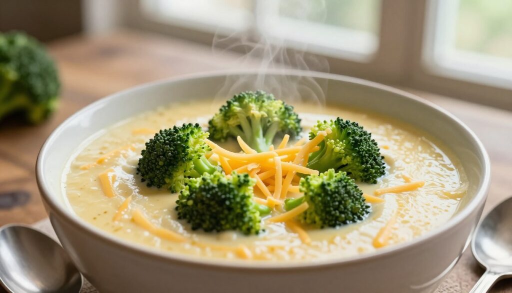A close-up view of a bowl of creamy broccoli cheddar soup, garnished with fresh, vibrant green broccoli florets and a sprinkle of shredded cheddar cheese melting on top. The soup is steaming warmly, set against a rustic wooden table which adds a cozy feel. In the background, soft, natural lighting filters through a nearby window, casting a gentle glow that highlights the rich golden tones of the cheese and the vibrant green of the broccoli. A rustic spoon rests beside the bowl, adding to the inviting atmosphere. The image should have a shallow depth of field to keep the focus sharp on the soup, creating a comforting and appetizing mood.