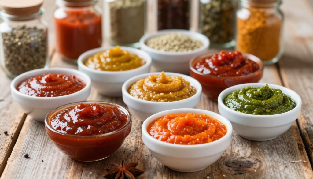 A close-up view of a collection of vibrant gluten-free sauces served in small, elegant bowls on a rustic wooden table. The sauces vary in color and texture, showcasing rich reds, fiery oranges, and deep greens, glistening under soft, diffused natural light. In the background, out of focus, there are spices and seasonings prominently displayed in glass jars, suggesting a variety of flavors available for gluten-free dining. The scene is warm and inviting, evoking a sense of culinary adventure. The camera angle is slightly above the table, capturing both the depth of the sauces and the surrounding ingredients, creating an appetizing and appealing image perfect for illustrating a section on gluten-free options.