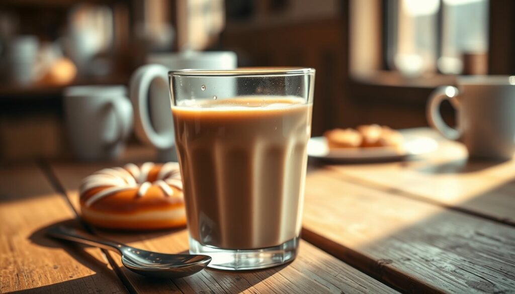 A close-up view of a glass of Dunkin's coffee milk, showcasing its creamy, rich brown color and silky texture. The glass is set on a rustic wooden table, with a traditional Dunkin' donut in the background. A spoon rests beside the glass, partially dipped into the coffee milk, with a few droplets glistening under warm, natural light streaming in from a nearby window. The background features blurred café elements, like coffee cups and pastries, creating a cozy and inviting atmosphere. The composition emphasizes the deliciousness of the drink, while the overall mood is warm and energetic, highlighting the comfort that coffee milk brings to Dunkin' customers.
