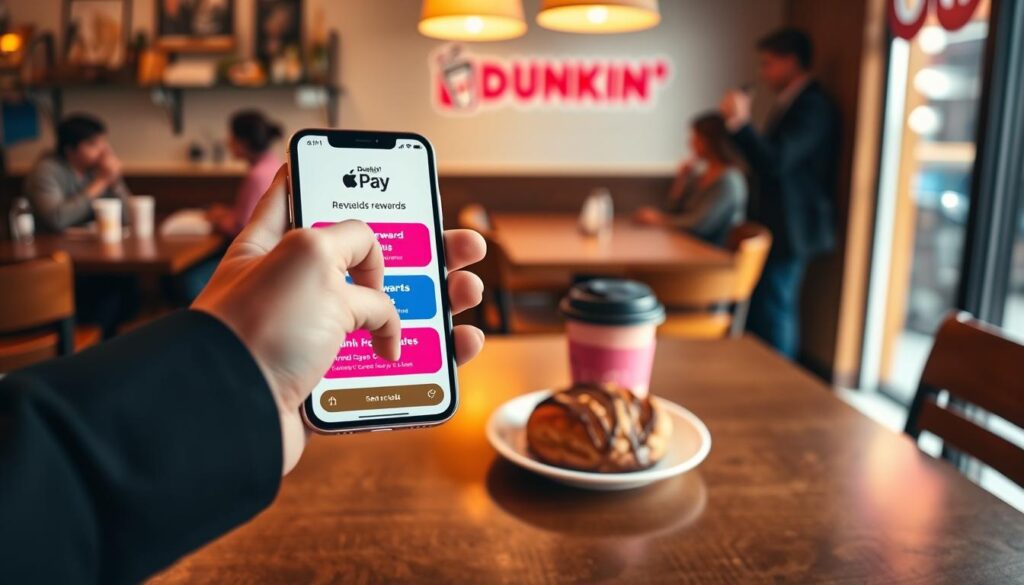 A close-up view of a sleek smartphone displaying the Apple Pay interface with vibrant rewards options highlighted, set against a backdrop of a cozy Dunkin’ café environment. In the foreground, a hand in a smart casual outfit, gently tapping the screen, indicating a transaction. The middle layer includes a stylish Dunkin’ coffee cup and pastry on a wooden table, subtly illuminated by warm, inviting lighting. In the background, soft-focus elements of the café, like other patrons enjoying their drinks and the orange and pink Dunkin’ branding, create a lively atmosphere. The angle captures the convenience and excitement of using Apple Pay for Dunkin' rewards transactions, with an overall mood that feels contemporary and tech-savvy.