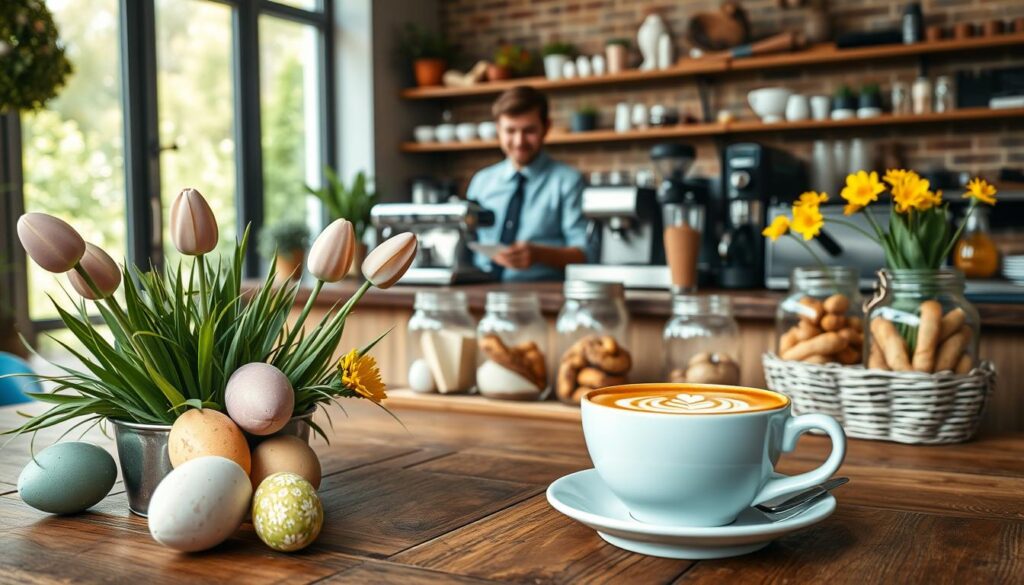 A cozy coffee shop scene set on Easter Sunday, featuring an inviting, rustic wooden table adorned with colorful, decorated Easter eggs and a steaming cup of coffee placed alongside a cheerful spring flower arrangement. In the foreground, the coffee cup is beautifully designed, showcasing latte art with subtle hints of pastel colors. In the middle, a friendly barista in smart casual attire is preparing coffee behind the counter, surrounded by various coffee brewing equipment and mason jars filled with fresh pastries. The background features soft, natural light filtering through large windows, illuminating a vibrant green garden outside, creating a warm and welcoming atmosphere. The overall mood is cheerful and inviting, perfect for celebrating Easter with a good cup of coffee.