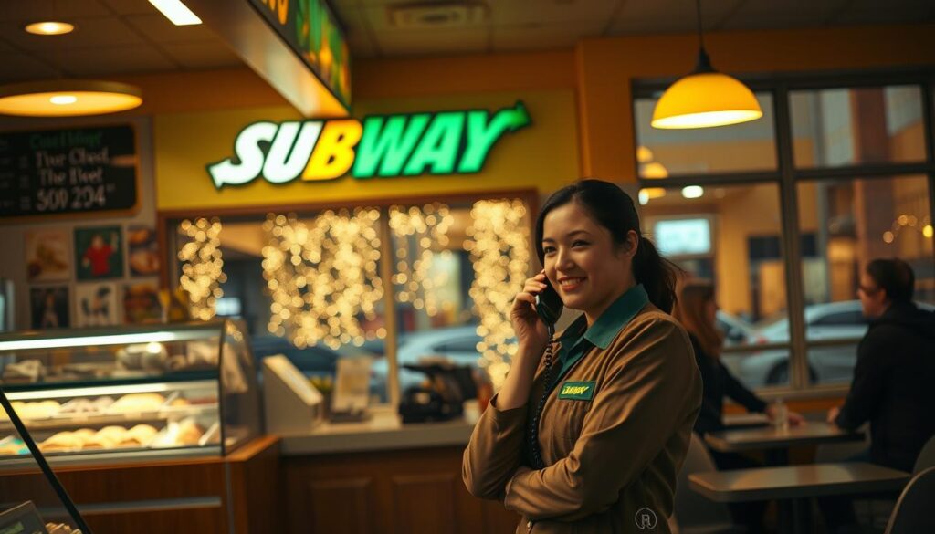 A cozy local Subway restaurant at dusk, warmly lit with inviting yellow-tinted lights illuminating the interior. In the foreground, a friendly employee, wearing a neat Subway uniform, is answering a phone, showcasing customer service. In the middle, a clean and organized counter displays fresh ingredients and colorful sandwich options, while a couple of patrons chat at a nearby table. The background features large windows with soft reflections of twinkling holiday lights outside, creating a cheerful atmosphere. The image is captured with a slight blur in the background for focus, using a focal length of 50mm to create a warm, intimate ambiance, reflecting the comforting and community-oriented feel of a neighborhood eatery on Christmas Eve.