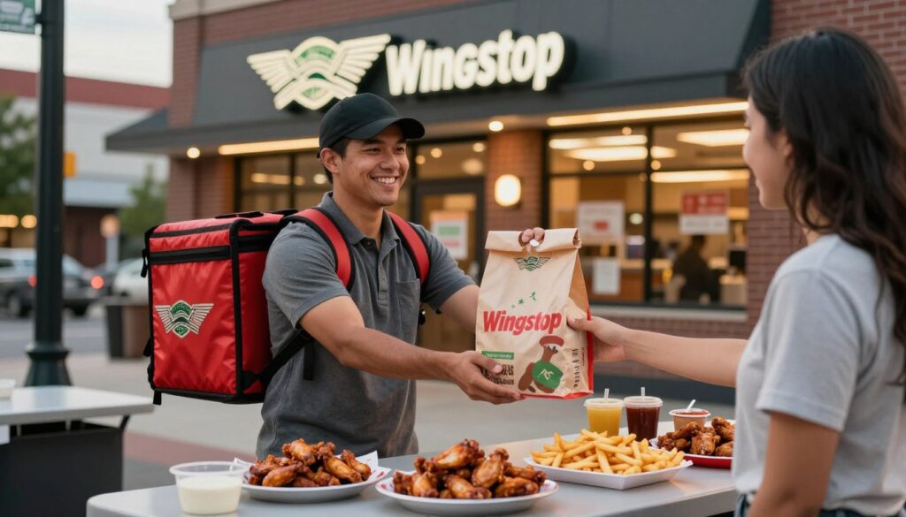 A cozy urban setting showcasing a Wingstop restaurant in Bloomington, with a focus on the takeout and delivery experience. In the foreground, a well-organized outdoor pickup area features a delivery person in casual attire, smiling as they hand over a large Wingstop bag to a customer, who appears excited and ready to enjoy their meal. The middle ground includes appetizing platters of wings, fries, and dipping sauces displayed enticingly on a table. In the background, the restaurant's inviting sign is illuminated by warm evening lighting, creating a welcoming atmosphere. The scene is captured at eye-level, using a shallow depth of field to blur the surrounding bustle of the city, emphasizing the cheerful interaction in the foreground while preserving an engaging ambiance.