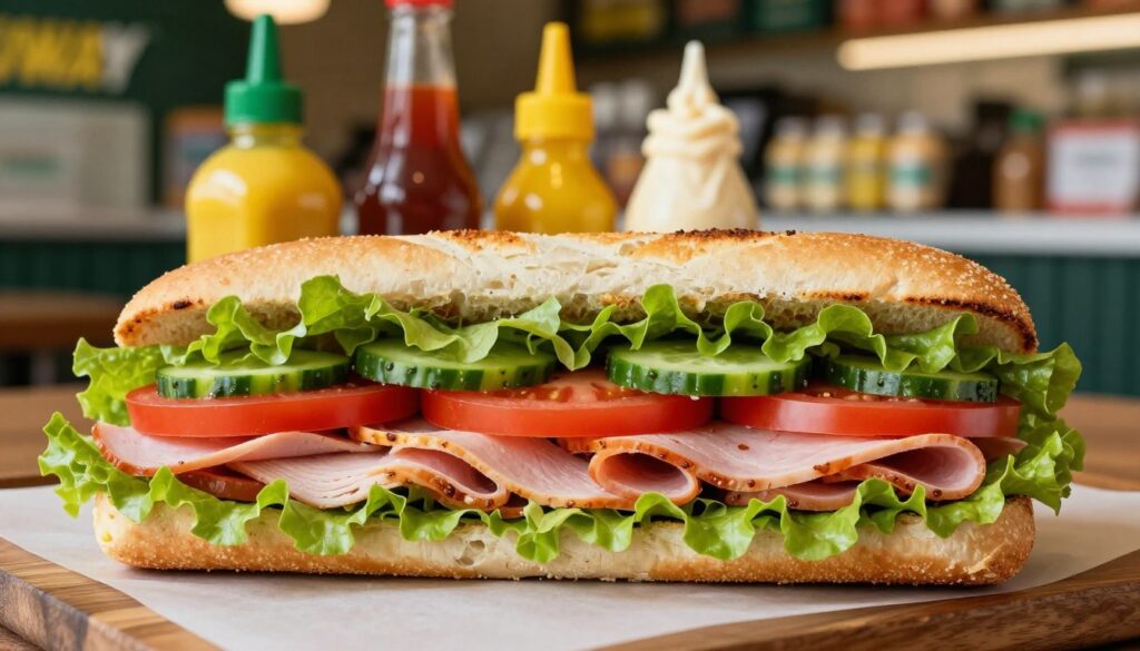 A delicious Subway sandwich featuring layers of fresh ingredients laid out prominently in the foreground. The sandwich includes vibrant green lettuce, ripe red tomatoes, sliced cucumbers, and savory meats such as turkey and ham, all nestled between a toasted hoagie roll. In the middle background, a selection of colorful condiments like mustard and spicy mayonnaise is artistically arranged, hinting at the variety available. Soft, natural lighting illuminates the scene, creating a warm and inviting atmosphere. A shallow depth of field emphasizes the sandwich's mouthwatering details while hinting at a bustling Subway shop in the blurred background, enhancing the overall mood of freshness and flavor.