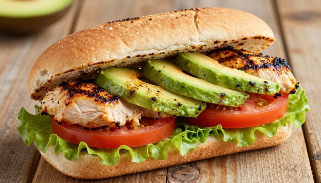 A delicious grilled chicken sandwich featuring succulent, marinated chicken breast, perfectly charred and sliced, layered with creamy avocado slices. The sandwich is presented with crisp lettuce and ripe tomatoes, all nestled in a fresh, lightly toasted whole grain bun. Brightly colored, the ingredients glisten under soft, natural lighting, enhancing the freshness of the produce. In the background, a rustic wooden table sets a warm, inviting atmosphere, hinting at a healthy, wholesome meal. The camera angle captures the sandwich from a slight top-down view, emphasizing the vibrant colors and textures of the ingredients, while maintaining an inviting, appetizing presentation.