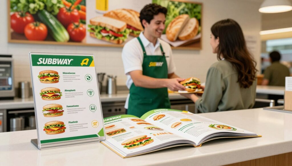 A detailed illustration of a Subway allergen information guide, displayed prominently on a clean, well-organized restaurant counter. In the foreground, a colorful, modern allergen menu brochure is open, showcasing various food items like sandwiches and salads with clear allergen icons. The middle layer features a friendly Subway employee in a professional uniform, attentively assisting a customer who appears to be inquiring about the allergen information. In the background, there are vibrant images of fresh ingredients, such as vegetables and breads, to create an inviting atmosphere. The scene is lit with warm, natural light, enhancing the cleanliness and welcoming environment of the restaurant, while the overall mood conveys a sense of customer care and awareness for food safety.