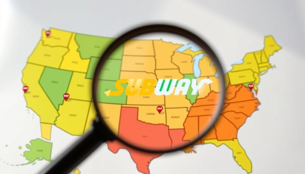 A detailed map of the United States highlighting the states participating in the Restaurant Meals Program with emphasis on Subway as an option. Foreground features a magnifying glass overlaid on the map, symbolizing exploration and clarity. In the middle, the map shows vibrant state outlines in distinct colors, with icons representing Subway restaurants placed in key locations within these states. The background includes soft, blurred outlines of recognizable American landmarks, conveying a sense of nationwide awareness. Natural lighting casts a bright, inviting atmosphere, enhancing the clarity of the map details. Use a wide-angle perspective to encompass the entire country while maintaining focus on specific states, creating an informative yet engaging visual representation.