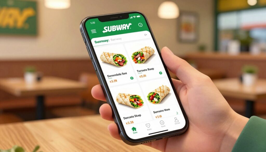 A digital illustration featuring a smartphone displaying the Subway app with an interface showcasing various wrap menu items and their local prices. In the foreground, focus on the screen with vivid details of appetizing wraps, highlighting ingredients like fresh vegetables, meats, and sauces, all presented in a visually appealing layout. In the middle ground, a blurred hand reaches for the phone, conveying interaction with the app. The background includes a cozy Subway restaurant setting with warm lighting, wooden tables, and subtle hints of the restaurant décor. The atmosphere conveys a sense of convenience and accessibility, inviting readers to explore quick ordering options for Subway wraps through their app.
