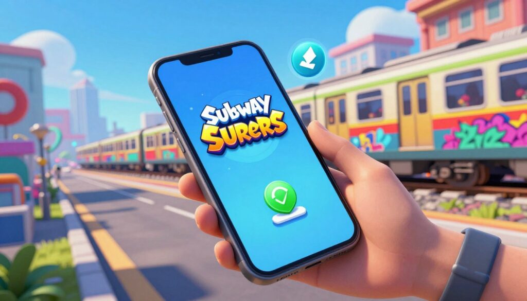 A dynamic and engaging digital artwork featuring a scene symbolizing the downloading of "Subway Surfers". In the foreground, an abstract representation of a smartphone displaying the Subway Surfers logo, surrounded by visually appealing icons related to downloads and mobile gaming. The middle ground showcases colorful subway trains and graffiti art, representing the vibrant atmosphere of the game. In the background, a stylish urban landscape with clear blue skies and distant city buildings, giving a sense of depth and adventure. The lighting is bright and lively, creating an energetic mood. The camera angle is slightly tilted to emphasize excitement, while ensuring a professional and safe portrayal, without any text or explicit imagery.