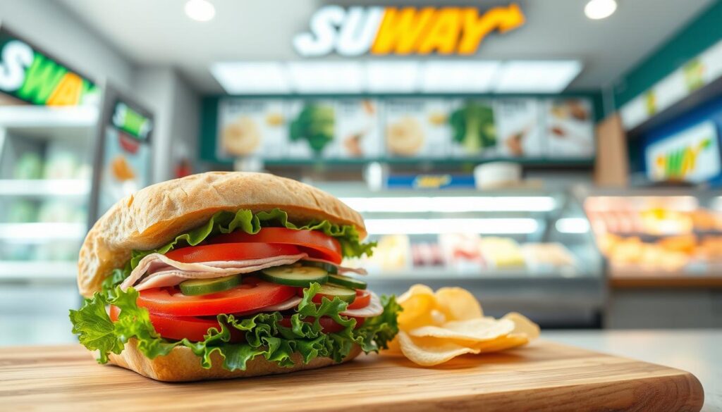 A fresh, delicious Subway sandwich sits prominently in the foreground, showcasing layers of vibrant vegetables, crispy lettuce, ripe tomatoes, crunchy cucumbers, and slices of turkey or ham. The sandwich is expertly crafted, resting on a wooden cutting board with a small pile of potato chips beside it. In the middle background, a clean, bright Subway shop can be seen, with soft, natural lighting illuminating the fresh ingredients displayed in glass cases. The atmosphere feels inviting and healthy, reflecting a balance between vibrant food and a casual dining environment. The angle is slightly above the sandwich, capturing the enticing details and textures of the ingredients.