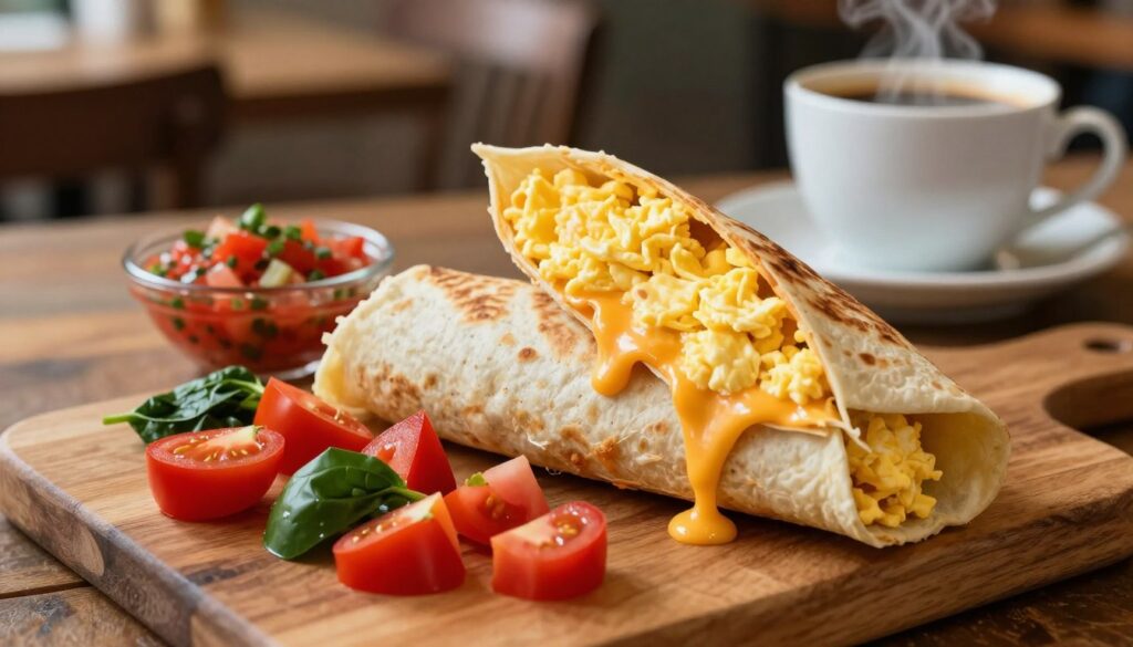 A freshly prepared egg cheese wrap displayed on a rustic wooden table. The wrap is golden-brown, showcasing a blend of fluffy scrambled eggs and melted cheddar cheese peeking out from the sides. In the foreground, several vibrant ingredients like diced peppers, tomatoes, and spinach are artistically arranged around the wrap, creating a burst of color. The middle of the scene includes a small bowl of salsa for dipping and a steaming cup of coffee, enhancing the breakfast vibe. Soft, natural lighting illuminates the dish, highlighting its textures and inviting an appetizing feel. The background is softly blurred, depicting a cozy café ambiance with warm-toned decor. The overall mood is inviting and hearty, perfect for a breakfast treat.