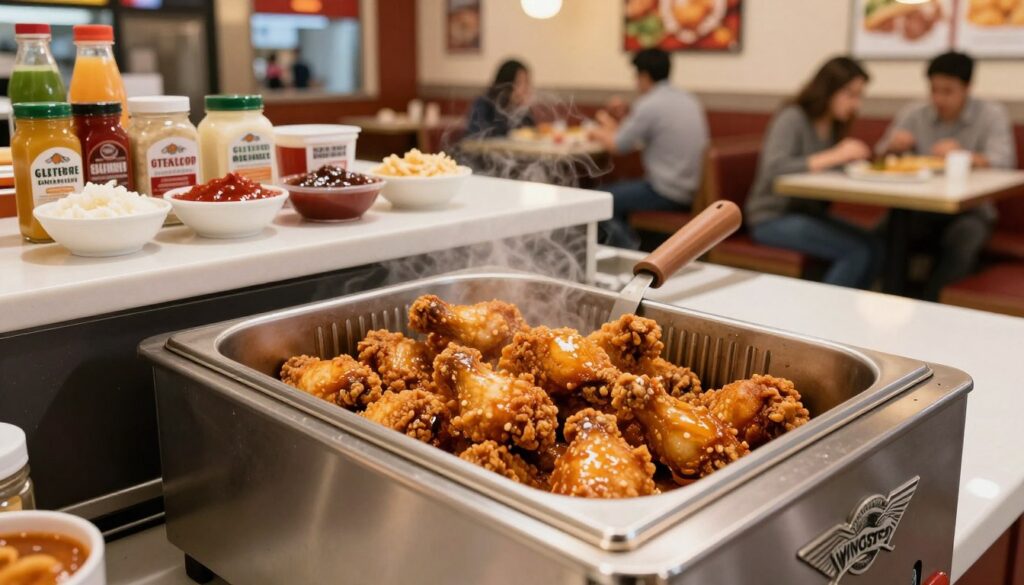 A modern kitchen setting showcasing a Wingstop shared fryer, positioned prominently in the foreground, glistening with freshly fried wings. The fryer is half-filled with delicious golden-brown chicken, steaming slightly to indicate freshness. In the middle ground, a clean workstation with assorted gluten-free ingredients and sauces displayed in neatly arranged bowls, hinting at the menu options. The background features a bright, inviting interior of a Wingstop restaurant, with patrons enjoying their meals. The lighting is warm and cheerful, highlighting the fryer and creating a cozy atmosphere. The image is captured at eye level with a wide-angle lens, ensuring clarity and depth, evoking a sense of comfort and community while subtly suggesting the importance of food safety.