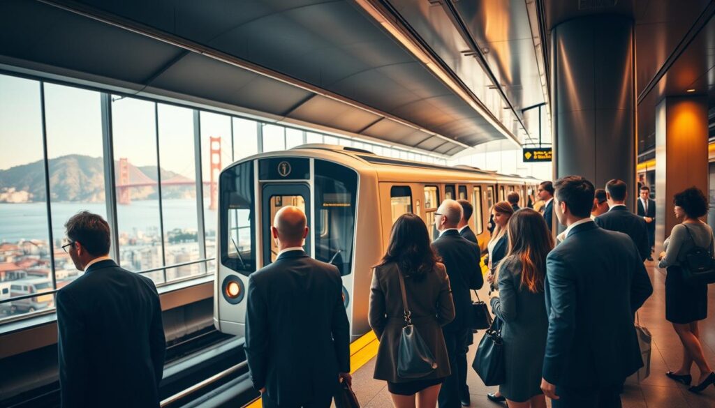 A modern subway station in San Francisco, showcasing a sleek underground platform with an elegant design, illuminated by warm lighting that highlights stylish architecture. In the foreground, a group of diverse commuters in professional attire, such as suits and smart casual clothing, are waiting for a train, engaging in conversation. The middle ground features a clean, polished subway train arriving at the station, its doors opening to welcome passengers. The background reveals an expansive view of cityscape elements through the station's transparent glass walls, providing a glimpse of iconic San Francisco landmarks, including the Golden Gate Bridge in the distance. The atmosphere is lively yet sophisticated, capturing the essence of urban transit in a vibrant, bustling city. The scene is shot with a slight wide-angle lens, enhancing the depth and movement of the environment.