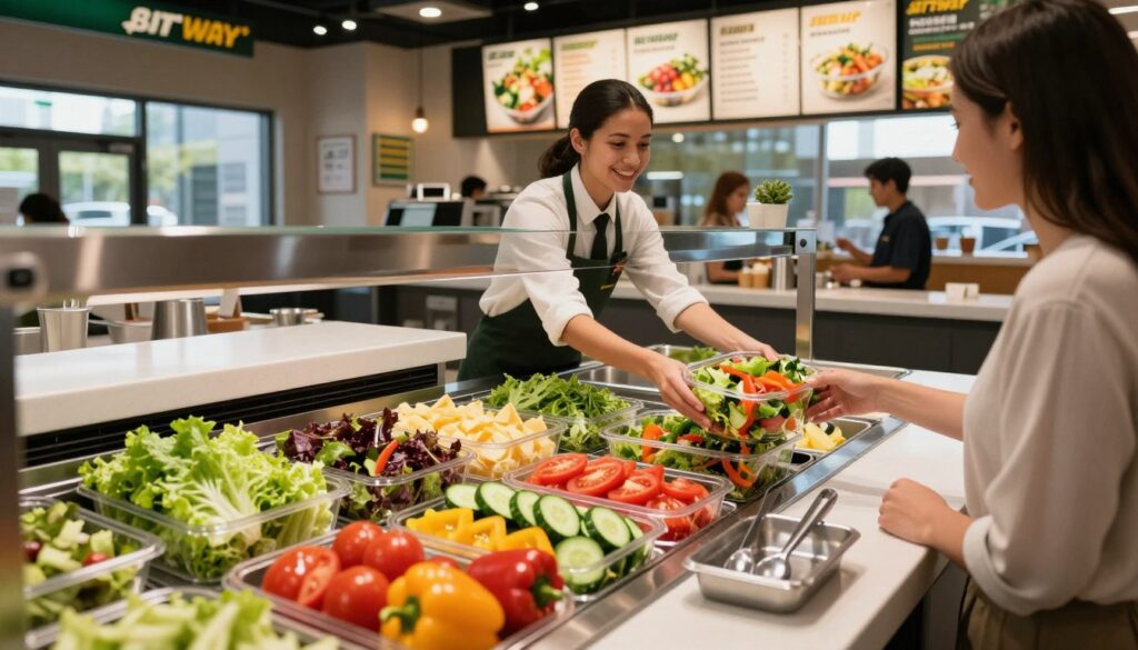 A vibrant Subway salad bar set in a well-lit restaurant, showcasing a variety of fresh salads in clear containers. In the foreground, a colorful selection of ingredients like crunchy lettuce, ripe tomatoes, sliced cucumbers, and colorful bell peppers are artistically arranged, with shiny metal utensils and preparation trays nearby. In the middle ground, a friendly employee in professional attire, smiling, serves a customer who is selecting their salad ingredients. The background features a modern interior with Subway branding, including illuminated menu boards displaying salad prices and popular choices, softly lit for a warm atmosphere. The scene emphasizes freshness and comfort, with natural light streaming in through large windows.