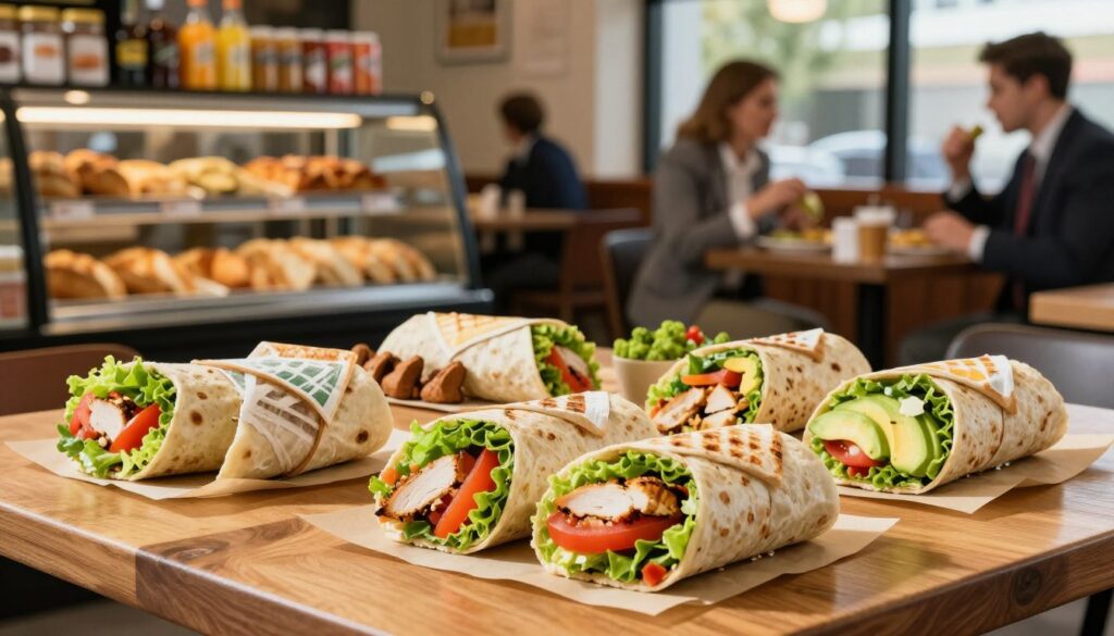 A vibrant and appetizing scene featuring a selection of popular Subway wraps. In the foreground, a wooden table adorned with a variety of colorful wraps, showcasing fresh ingredients like crisp lettuce, ripe tomatoes, grilled chicken, and sliced avocado, all elegantly arranged on parchment paper. The middle ground captures a subtle blur of a busy Subway restaurant ambiance, with customers in professional business attire enjoying their meals, adding life to the scene without dominating the focus. In the background, a glowing display case filled with freshly baked bread and condiments enhances the atmosphere. Natural lighting streams in through nearby windows, casting soft shadows and creating a warm, inviting mood that highlights the freshness and appeal of the wraps. The scene is shot with a shallow depth of field to emphasize the wraps, encouraging a sense of delicious anticipation.