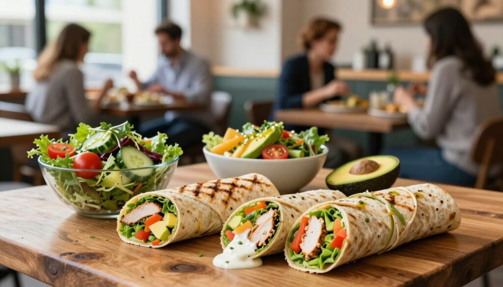 A vibrant and inviting display of wraps and salads arranged beautifully on a rustic wooden table. In the foreground, an assortment of colorful wraps, filled with fresh vegetables, grilled chicken, and creamy sauces, neatly sliced into bite-sized pieces. Beside them, bowls of crisp salads, showcasing an array of greens, cherry tomatoes, cucumbers, and avocados, drizzled with a light vinaigrette. The middle ground features a softly lit café setting, with natural light filtering through large windows, creating a warm and welcoming atmosphere. In the background, blurred patrons enjoying their meals, dressed in casual, professional attire. The image captures a sense of healthiness and vibrancy, inviting viewers to indulge in these lighter dining options. Shot with a shallow depth of field to emphasize the food and enhance the overall appeal.