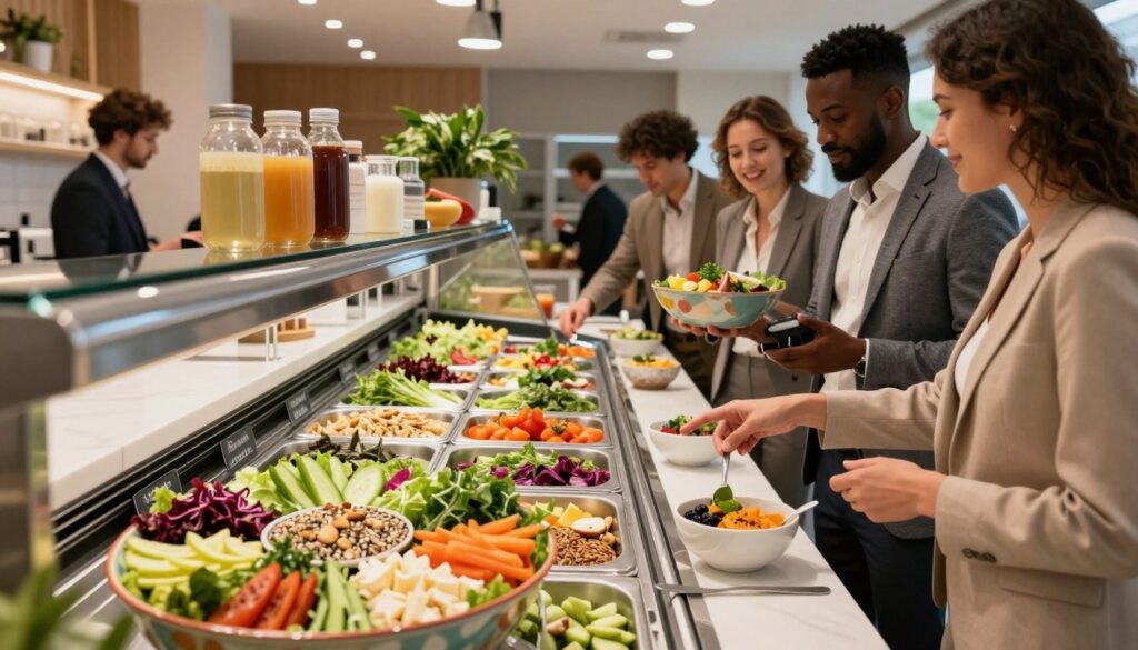 A vibrant and inviting salad bar scene showcasing a variety of fresh ingredients. In the foreground, a large, colorful bowl filled with a diverse mix of greens, sliced vegetables, and toppings like nuts, seeds, and cheese, all artfully arranged. To the right, a friendly, diverse group of individuals in professional business attire discussing their personalized salad options, pointing to ingredients as they make their selections. The middle of the image features a sleek, modern salad display filled with labeled containers showcasing various toppings and dressings. In the background, soft lighting creates a warm and welcoming atmosphere, with subtle greenery and light wooden accents enhancing the overall freshness of the scene. A camera angle capturing this dynamic interaction, emphasizing the collaboration and customization process.