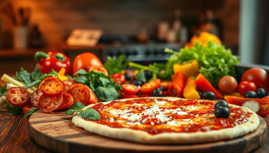 A vibrant array of various pizza toppings arranged artistically on a wooden table. In the foreground, showcase fresh ingredients like sliced pepperoni, colorful bell peppers, mushrooms, and olives, elegantly placed on a rustic cutting board. In the middle, a partially baked pizza crust is visible, topped with a rich tomato sauce and a sprinkle of mozzarella cheese, hinting at the customization options available. The background reveals a blurred kitchen setting with warm, inviting lighting that conveys a cozy atmosphere. Capture the scene from a slightly elevated angle to emphasize the toppings and create depth. The overall mood should be appetizing and engaging, inviting viewers to imagine the delicious possibilities of pizza customization.