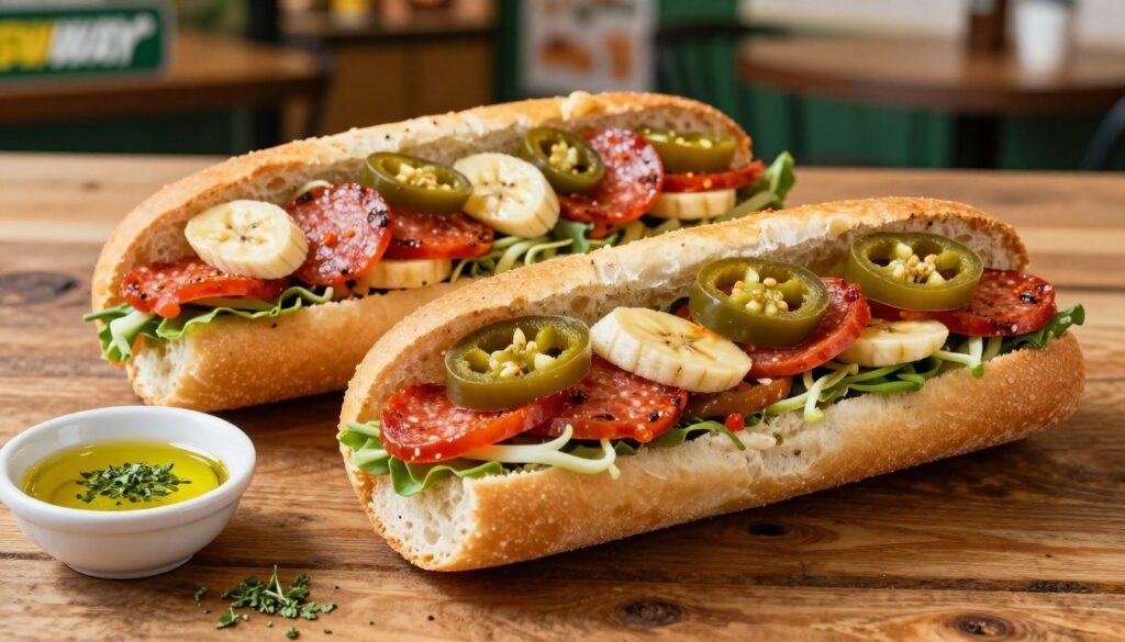A vibrant assortment of Subway's popular Italian toppings, prominently featuring spicy pepperoni, tangy banana peppers, and zesty jalapeños, artfully arranged on a freshly baked hoagie roll. In the foreground, the sandwich is cut in half, showcasing the colorful layers of toppings against the warm, golden bread. To the side, a small dish of olive oil-infused herbs provides an inviting contrast. The middle ground includes a rustic wooden table, enhancing the casual dining atmosphere. Soft, natural lighting gently illuminates the scene, casting subtle shadows that emphasize the freshness of the ingredients. The background is blurred, hinting at a bustling Subway shop interior, creating a lively yet inviting mood.