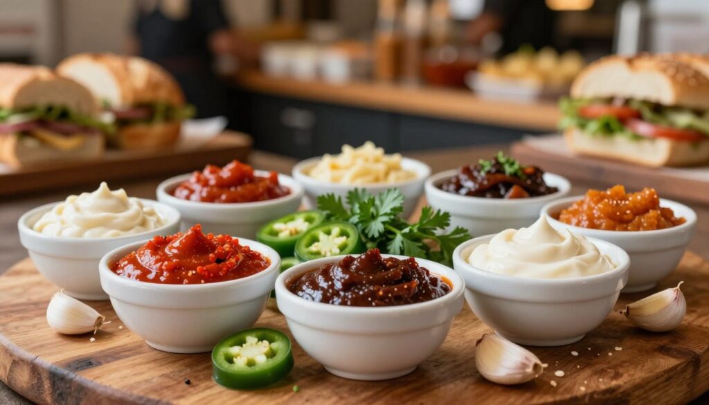 A vibrant close-up of an exquisite array of sauces arranged artistically on a rustic wooden table. In the foreground, vivid sauces like spicy chipotle, tangy barbecue, and creamy garlic aioli are displayed in small, elegant white bowls, each showcasing a unique texture and color. In the middle, fresh ingredients like sliced jalapeños, crushed garlic cloves, and sprigs of parsley hint at the flavors included in the sauces. The background features a blurred soft-focus of a busy sandwich shop, with hints of breads and sandwich fillings peeking through. Soft, warm lighting enhances the appetizing colors, creating an inviting and dynamic atmosphere. Capture the essence of culinary creativity and excitement, perfect for enticing readers with next-level sauce combinations.