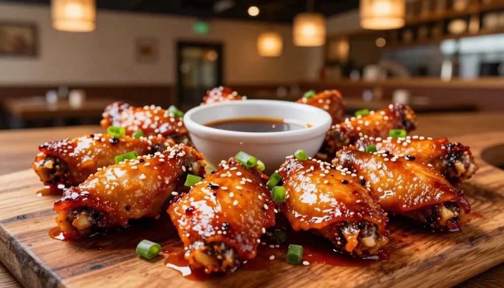 A vibrant dish of Spicy Korean wings arranged artfully on a rustic wooden table, with glistening, sticky glaze showcasing ginger and garlic specks. In the foreground, the wings are garnished with finely chopped scallions and sesame seeds, emphasizing their spicy, savory appeal. In the middle, a small bowl of dipping sauce made with soy and a hint of sweetness sits beside the wings, almost inviting the viewer to take a bite. The background features soft-focus elements of a cozy, modern Asian-themed restaurant with warm lighting from dim pendant lights, creating an inviting atmosphere. The overall mood is lively and appetizing, evoking the tantalizing flavors of Korean cuisine with vibrant colors and a sense of satisfaction.