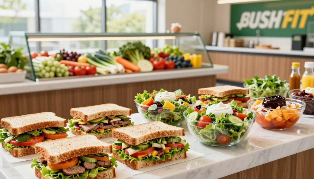 A vibrant display of Subway's Fresh Fit Menu featuring a colorful assortment of healthy sandwiches and salads. In the foreground, neatly arranged whole grain bread sandwiches, stuffed with fresh vegetables and lean proteins, alongside bowls of bright, fresh salads topped with a variety of dressings. The middle ground showcases a sleek, modern Subway counter filled with fresh ingredients, highlighting the freshness and quality of the menu. In the background, soft diffused natural light streams through large windows, creating a welcoming and energetic atmosphere. Capture an engaging angle from slightly above eye level, emphasizing the appetizing and wholesome nature of the meal, perfect for health-conscious diners. The scene should exhibit a clean, tidy setting, devoid of any text or distractions.
