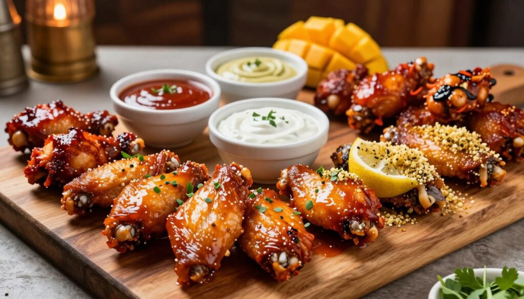 A vibrant display of assorted chicken wings, showcasing an array of flavors such as spicy BBQ, lemon pepper, garlic parmesan, and mango habanero, arranged aesthetically on a rustic wooden platter. In the foreground, the succulent wings are glistening with sauce, garnished with fresh herbs and served with side dips like ranch and blue cheese. The middle ground features a colorful selection of dipping sauces in small bowls, emphasizing the variety available. In the background, a warm, inviting atmosphere with soft lighting enhances the scene, creating a cozy dining experience. The image is shot from a slightly elevated angle, capturing the delicious details of the wings and surrounding elements, evoking a mouth-watering anticipation.