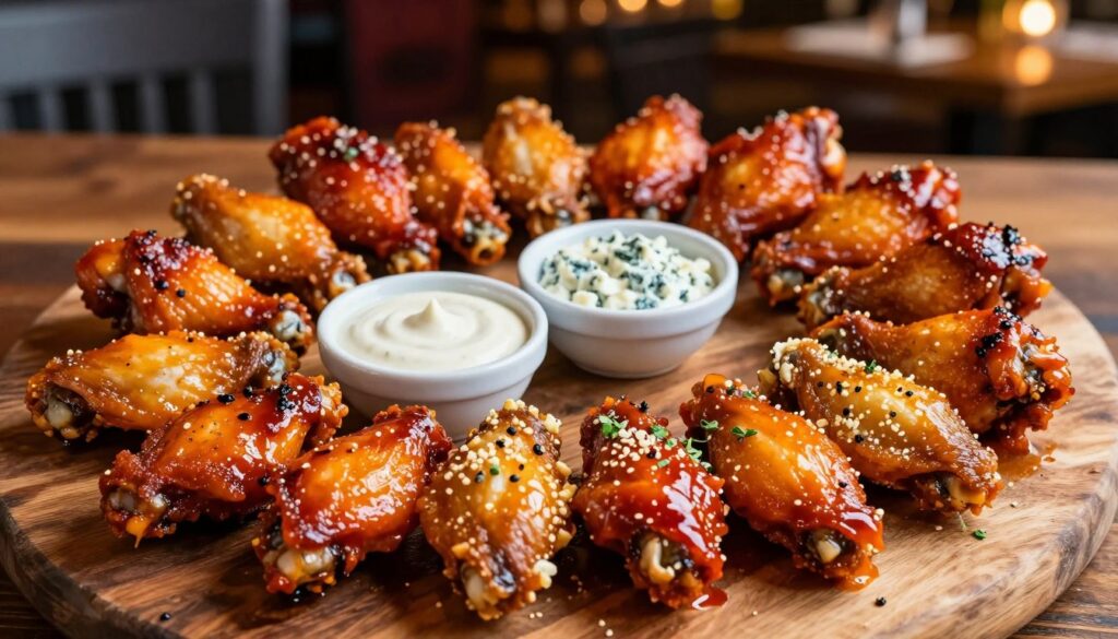 A vibrant display of various chicken wings, expertly arranged on a rustic wooden table. Each wing showcases a unique flavor, glistening with sauces of rich colors like fiery red, tangy orange, and savory brown, reflecting light and tempting the viewer. In the foreground, a selection of classic flavors such as buffalo, garlic Parmesan, and lemon pepper are beautifully garnished with herbs. The middle ground reveals dipping sauces in small bowls—creamy ranch and zesty blue cheese, adding to the appetizing scene. The background features soft-focus elements suggesting a casual dining atmosphere, like blurred restaurant decor and warm ambient lighting. The overall mood is inviting and mouthwatering, perfect for a food lover’s paradise, captured with a slightly overhead angle to emphasize the variety and textures of the wings.