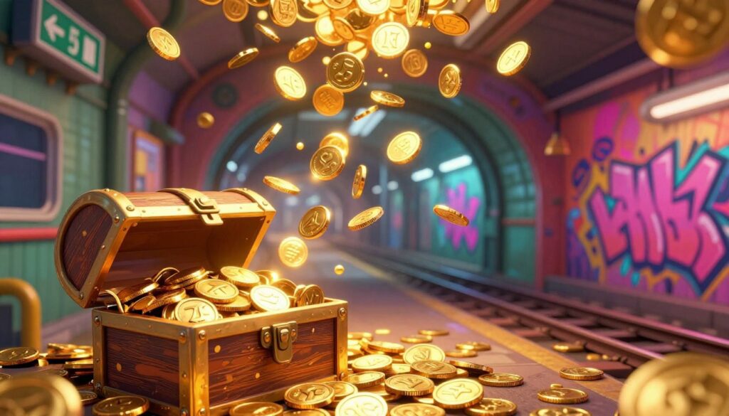 A vibrant, dynamic scene featuring a cascade of golden coins pouring down against a colorful background inspired by urban settings, reminiscent of a subway atmosphere. In the foreground, a treasure chest overflowing with shimmering coins glimmers in the light, capturing the essence of abundance and adventure. The middle ground includes a stylized subway tunnel, adorned with neon graffiti, suggesting a sense of excitement and energy. Soft, warm lighting illuminates the coins, creating a magical aura. The background features hints of subway elements like rails and exit signs, subtly blending in. The overall atmosphere is playful and energetic, illustrating the thrill of collecting unlimited resources in a gaming context. The composition conveys a sense of freedom and joy, inviting viewers into the world of limitless possibilities.