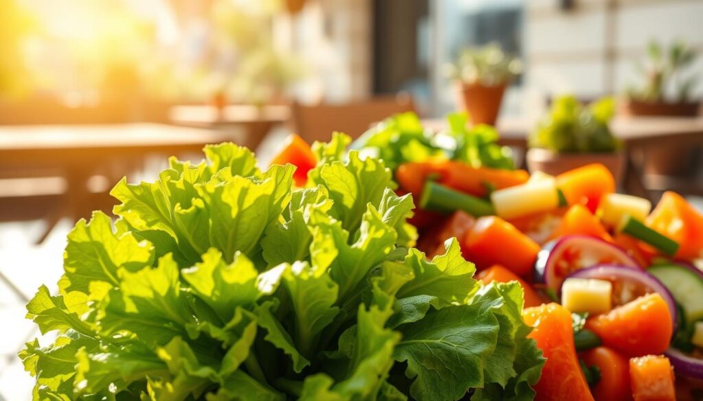 A vibrant, fresh head of lettuce sits prominently in the foreground, its crisp green leaves glistening with morning dew. The middle ground features a variety of colorful, freshly chopped vegetables like tomatoes, cucumbers, and bell peppers, artfully arranged to suggest a tasty salad. The background is softly blurred, hinting at a sunny, outdoor café setting with slightly rustic wooden tables and a few potted herbs, creating a warm, inviting atmosphere. The lighting is bright and natural, shining from the left to enhance the freshness and vivid colors of the ingredients. The overall mood conveys a sense of health and culinary delight, suitable for an appetizing visual representation of salads that can be enjoyed in delivery meals.
