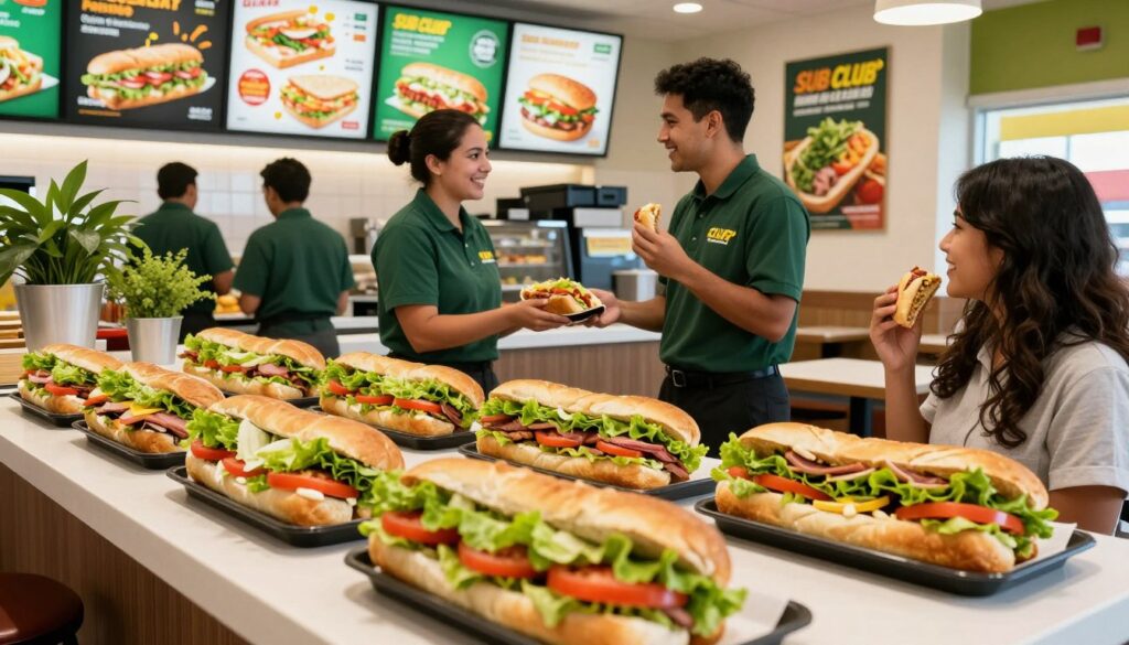 A vibrant, inviting Subway restaurant interior highlighting a menu board displaying enticing sandwich specials. In the foreground, a neatly arranged table showcases a colorful assortment of fresh sub sandwiches, with ingredients visibly layered, such as crisp lettuce, ripe tomatoes, and savory meats. In the middle, staff members in professional attire are engaging with customers, smiling and offering sample bites, conveying a friendly atmosphere. The background features a bright, well-lit space with decorative elements like green plants and dynamic posters promoting the Sub Club rewards program. Soft, warm lighting enhances the inviting mood, and the composition is captured from a slightly elevated angle to create depth and focus on the delicious food.