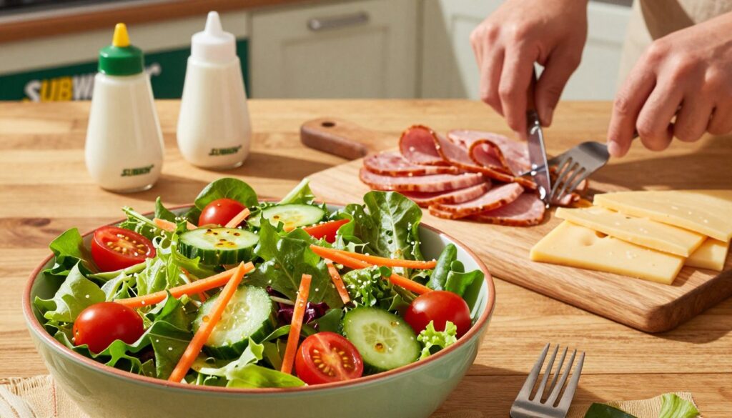 A vibrant, inviting salad spread showcasing Subway® Series Salads and the concept of converting sandwiches into salads. In the foreground, a large, colorful bowl filled with fresh, crisp greens, cherry tomatoes, cucumbers, and shredded carrots, glistening with a light vinaigrette. Nearby, a variety of Subway® meats and cheeses artistically arranged on a cutting board, ready to be chopped and added to the salad. In the middle ground, a wooden serving table with utensils like a salad fork and dressing dispensers, creating a sense of preparation. The background should feature soft, warm kitchen lighting, enhancing the freshness of the ingredients while evoking a healthy, appetizing atmosphere. Capture the scene from a slightly elevated angle to emphasize the texture and colors of the salad.