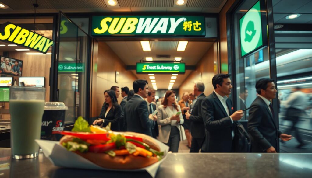 A vibrant urban scene depicting a busy Subway restaurant located near a bustling subway station. In the foreground, a fresh, appetizing Subway sandwich is displayed on a counter, with colorful vegetables peeking out and a soft drink alongside. The middle section features a diverse group of individuals, dressed in professional business attire, chatting and enjoying their meals inside the restaurant. In the background, large glass windows reveal the subway station entrance, with commuters rushing by, illuminated by warm indoor lighting that creates a welcoming atmosphere. The angle is slightly elevated, capturing both the lively interaction inside and the dynamic movement of the city outside. The overall mood is energetic yet inviting, reflecting a modern and friendly dining experience.