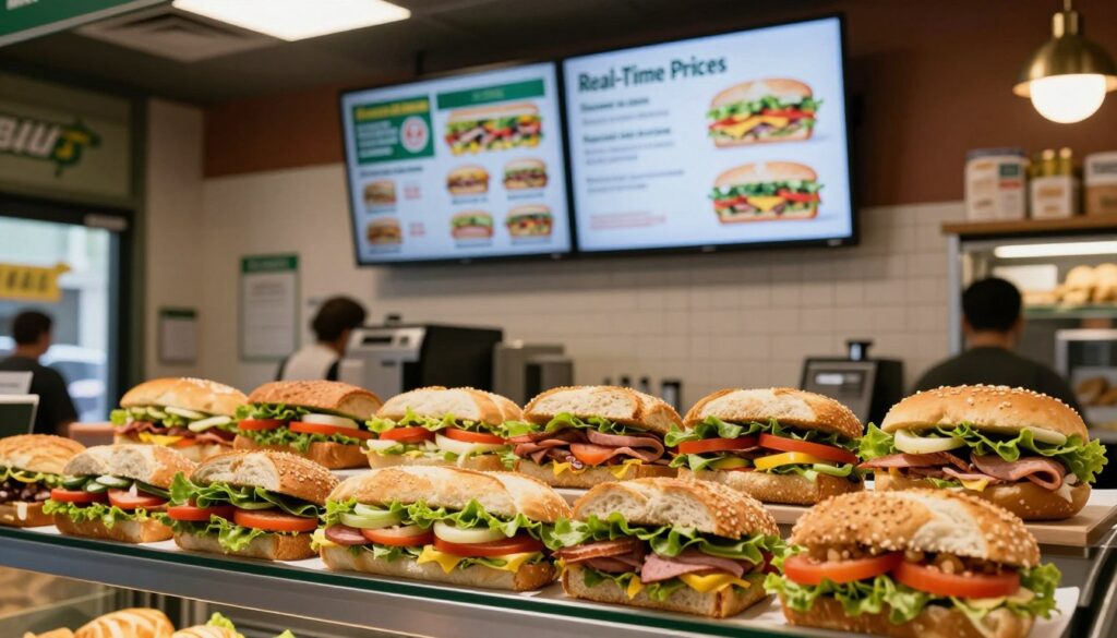 A vibrant, visually appealing display of Subway sandwich ingredients, showcasing an array of fresh vegetables, meats, and breads in the foreground. Each ingredient is neatly arranged, reflecting a realistic subway shop environment. In the middle ground, include a stylish digital menu board displaying "Real-Time Prices" with various sub sandwich options, without text overlays or captions. The background features a cozy Subway restaurant interior, with soft, warm lighting creating an inviting atmosphere. Capture the scene from a slightly elevated angle to give depth and perspective, emphasizing the freshness of ingredients. The mood is lively and modern, encouraging a quick lunch decision in a busy urban setting.