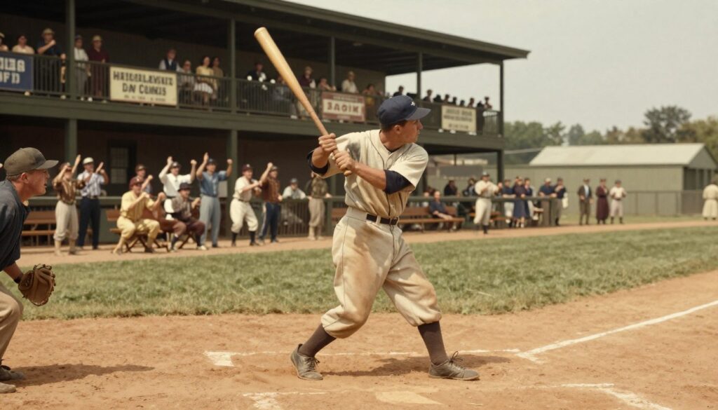 A vintage 1921-style baseball scene featuring the Hamilton Sioux City Wings in action on the field. In the foreground, a player wearing a classic wool baseball uniform and cap is poised to hit a baseball, bat raised high, with an expression of determination. The middle ground captures a lively baseball diamond with fans in 1920s-era clothing cheering, highlighting the excitement of the game. In the background, an old-fashioned grandstand filled with spectators and period advertisements creates an authentic atmosphere. The lighting is warm, reminiscent of a sunny afternoon, with soft shadows cast across the field. Use a slight overhead angle to emphasize the action and capture the spirit of early 20th-century baseball.
