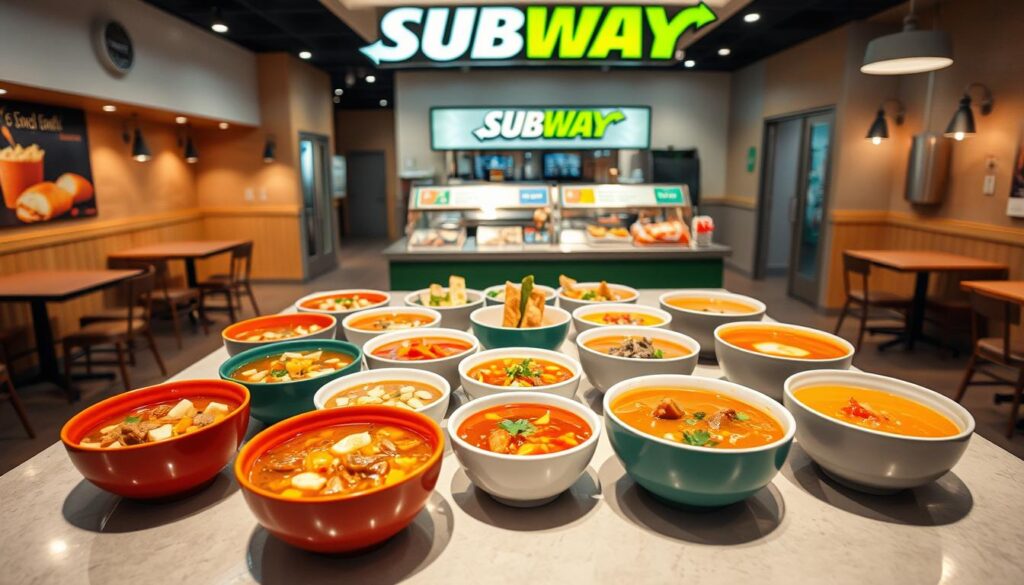 A visually appealing arrangement of various soup bowls on a sleek, modern table in a bright, inviting Subway restaurant. In the foreground, showcase a variety of soups in colorful bowls, each containing ingredients like chunky vegetables, meaty pieces, and rich broths, effectively highlighting the current Subway soup lineup. In the middle ground, include a serving counter displaying fresh bread and condiments, hinting at the restaurant's offerings. The background should feature restaurant decor with light wood accents and vibrant Subway branding. The lighting is warm and soft, creating a cozy atmosphere. Use a wide-angle lens to capture the bustling environment while keeping the focus on the soups. The overall mood is inviting and appetizing, ideal for drawing attention to the beautiful presentation of Subway's soups.